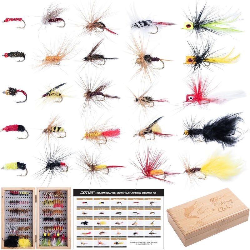 Goture Fly Fishing Flies Kit, 54pcs Dry Wet Flies Streamers Nymphs with Wooden Fly Box, Bass Trout Steelhead Salmon Lures Set Assortment Kit, Gifts for Men - Image 1